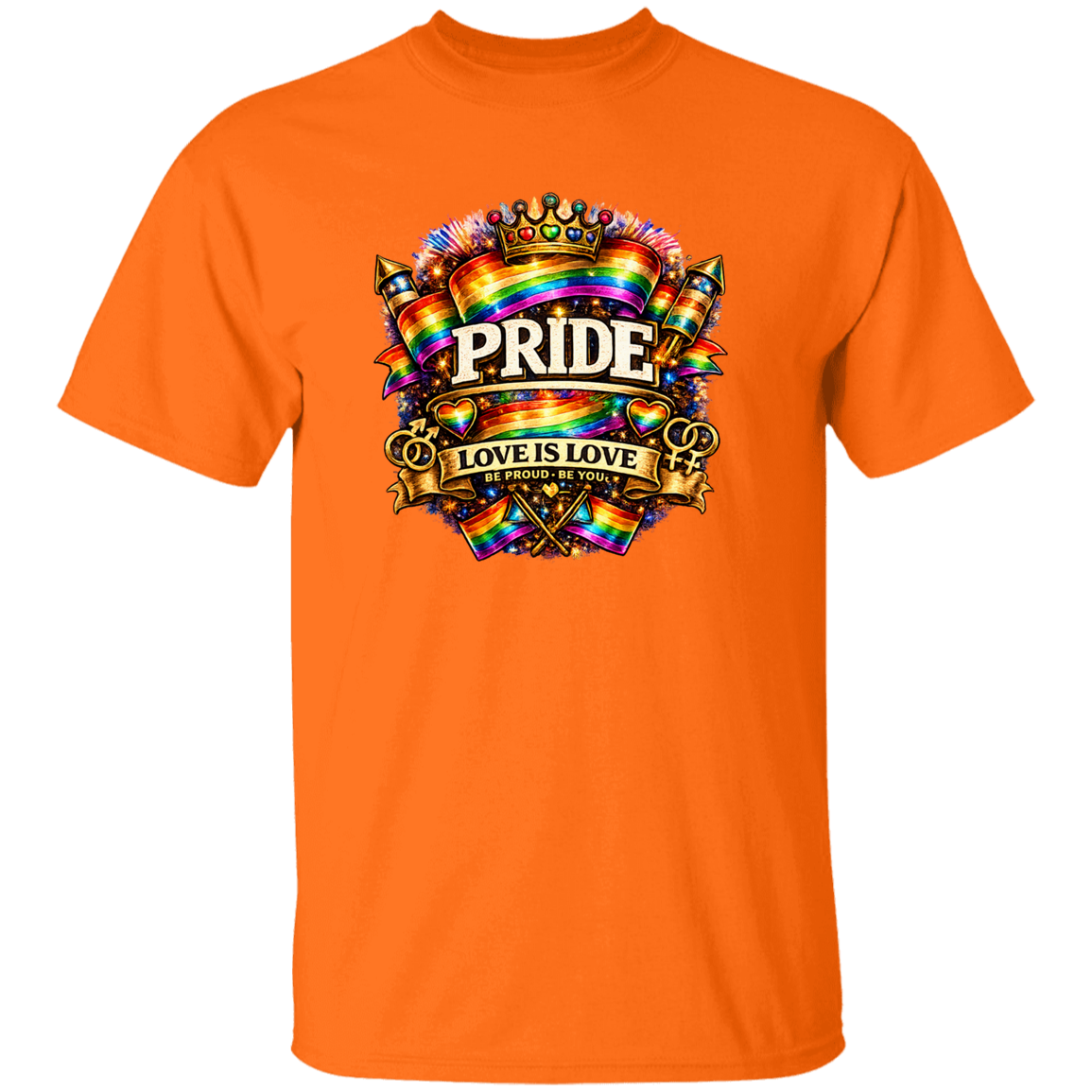 Orange T shirt with Pride love is love on the front