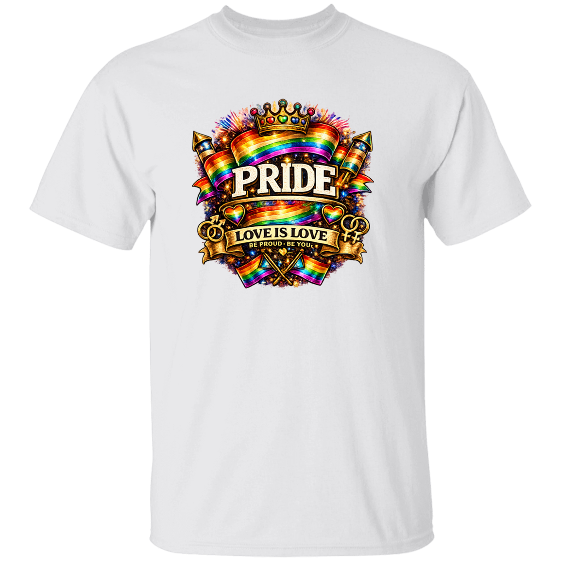 A white T shirt with Pride love is love on the front