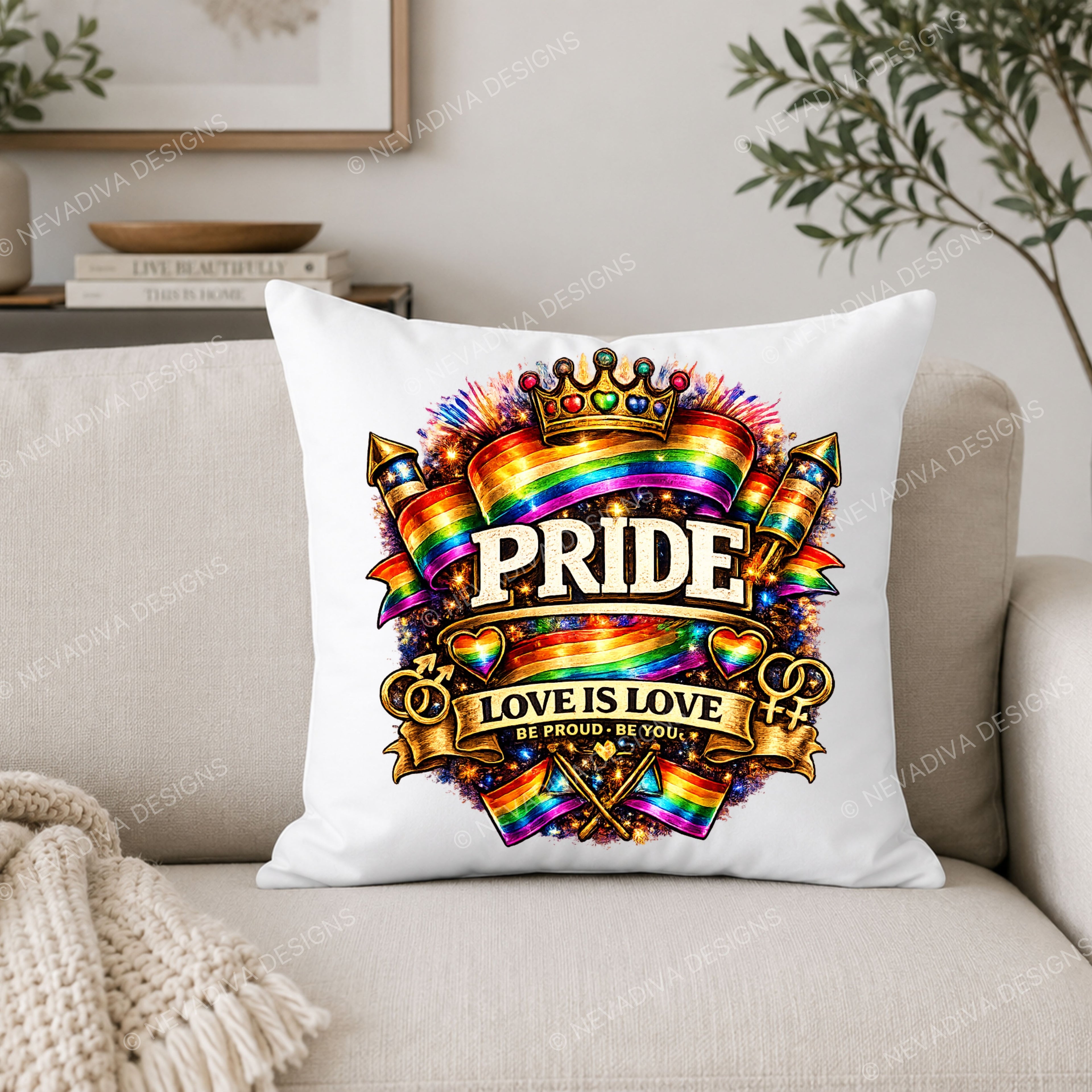 Pillow with Pride design on a couch