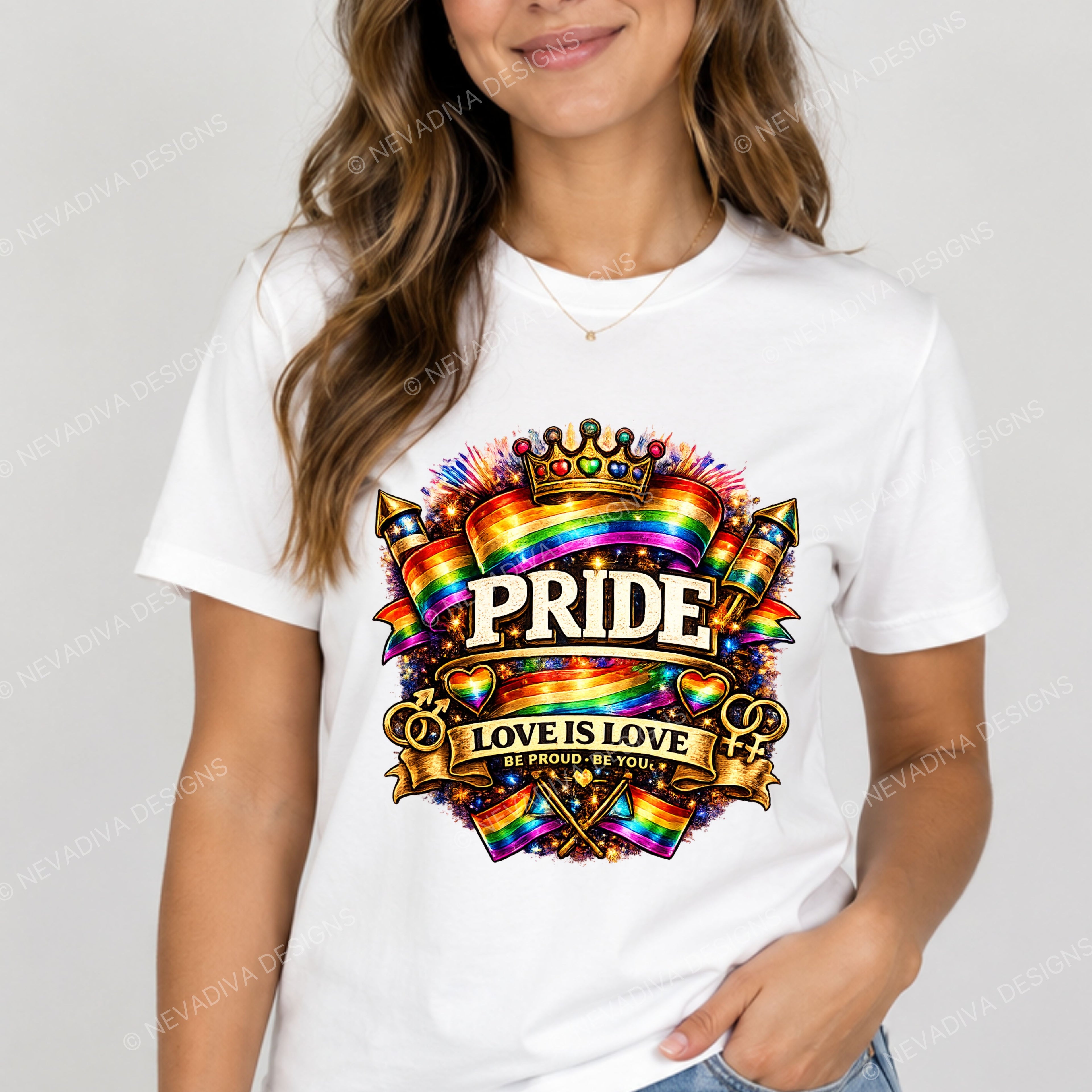 Person wearing a white t-shirt with a colorful 'Pride' design on a plain background
