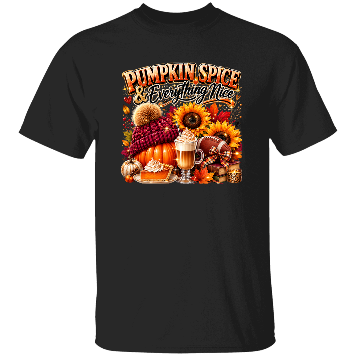 Black t-shirt with 'Pumpkin Spice & Everything Nice' graphic design on a white background