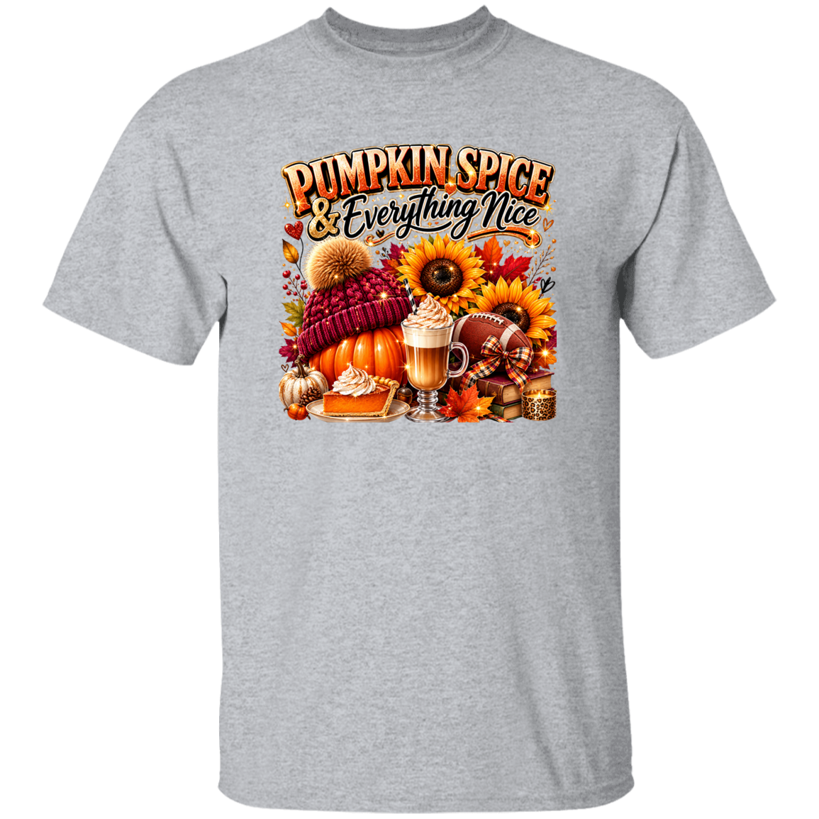Gray t-shirt with 'Pumpkin Spice & Everything Nice' graphic design on a white background