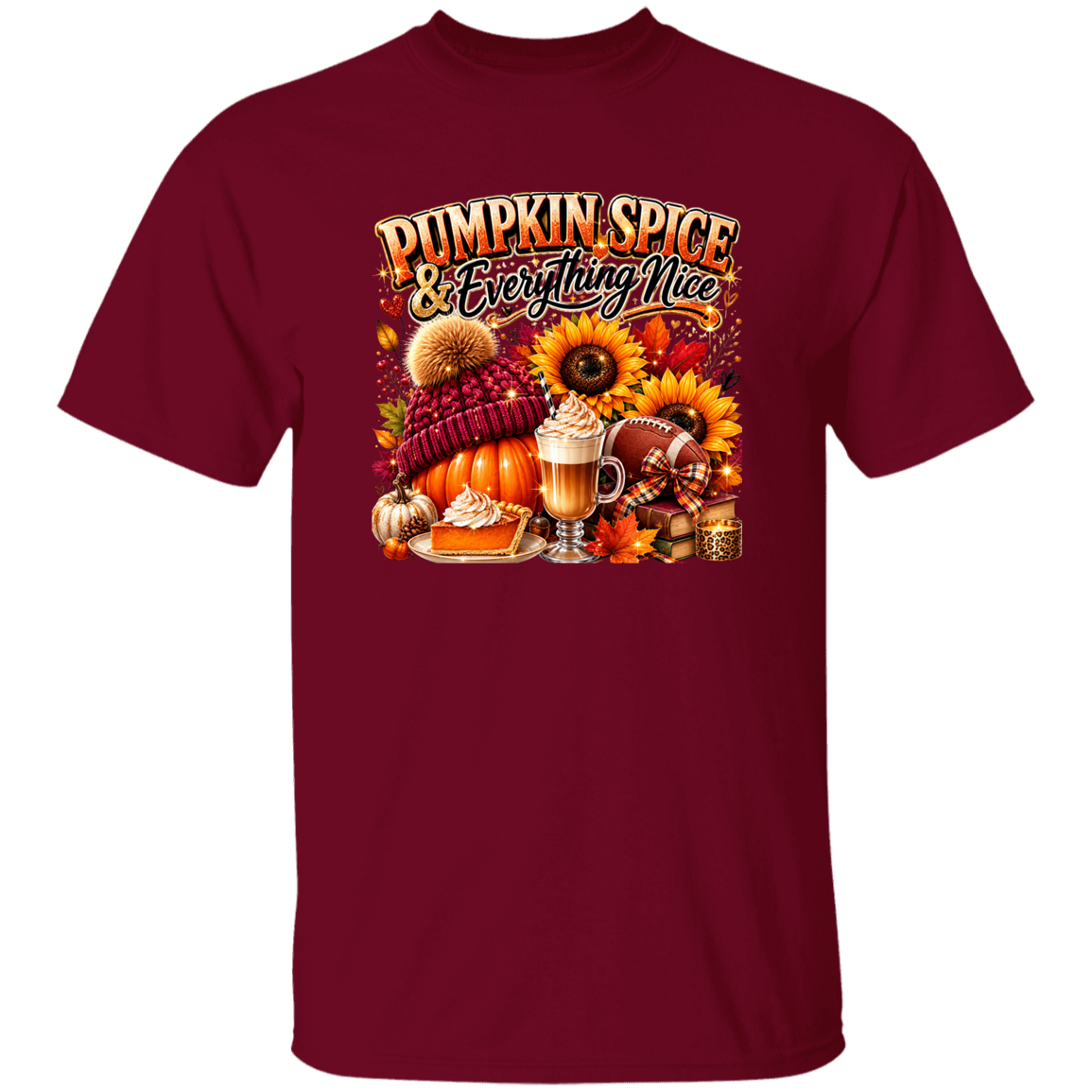 Maroon t-shirt with autumn-themed graphic and 'Pumpkin Spice & Everything Nice' text on a white background