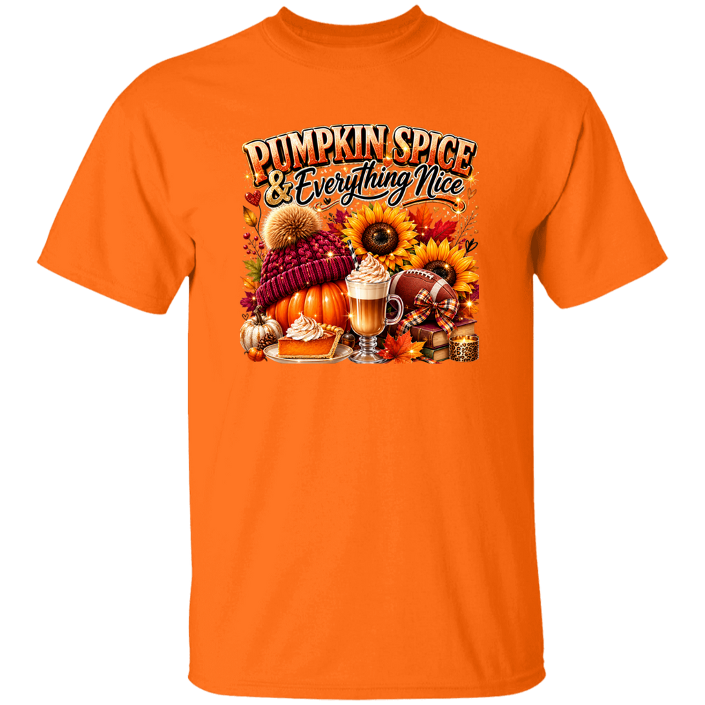 Orange t-shirt with 'Pumpkin Spice & Everything Nice' graphic design on a white background