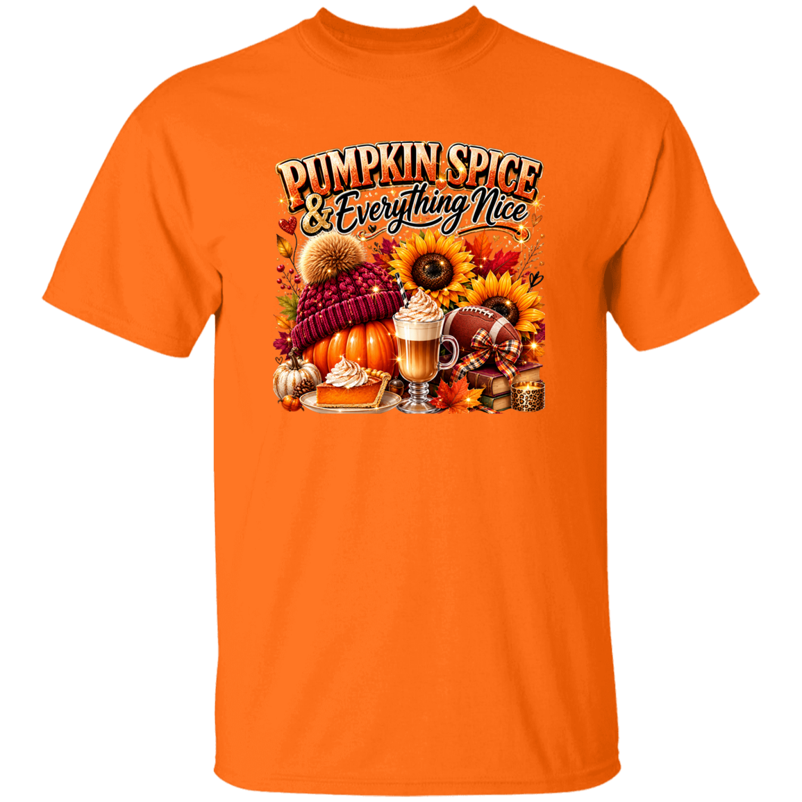 Orange t-shirt with 'Pumpkin Spice & Everything Nice' graphic design on a white background