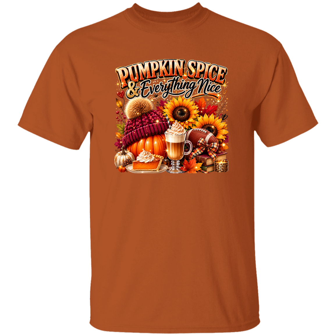 Texas orange t-shirt with 'Pumpkin Spice & Everything Nice' graphic on a white background