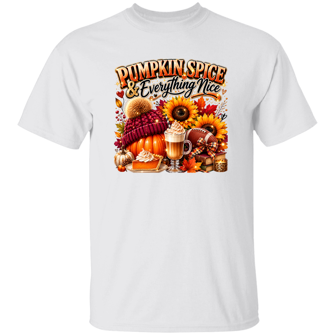 White t-shirt with 'Pumpkin Spice & Everything Nice' graphic design on a white background