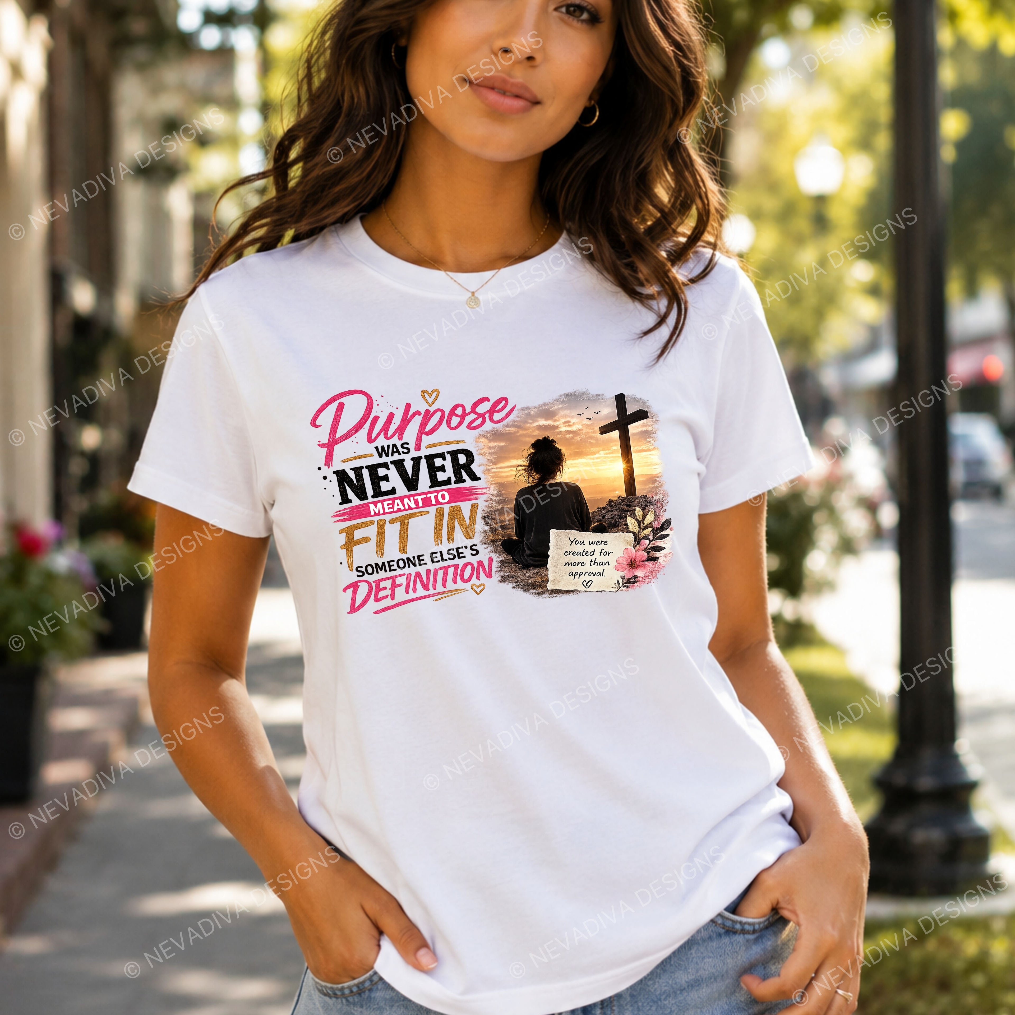 women with a white t-shirt with a text purpose was never meant to fit in someone else's definition