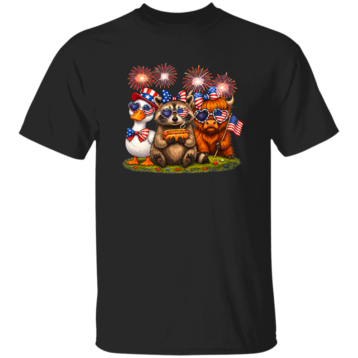 Black t-shirt with cartoon bears and a duck wearing American flags and sunglasses on a white background