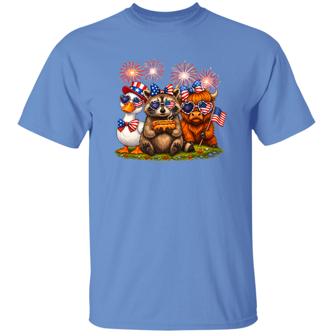 Blue t-shirt with a graphic of three bears wearing American flags and sunglasses on a white background