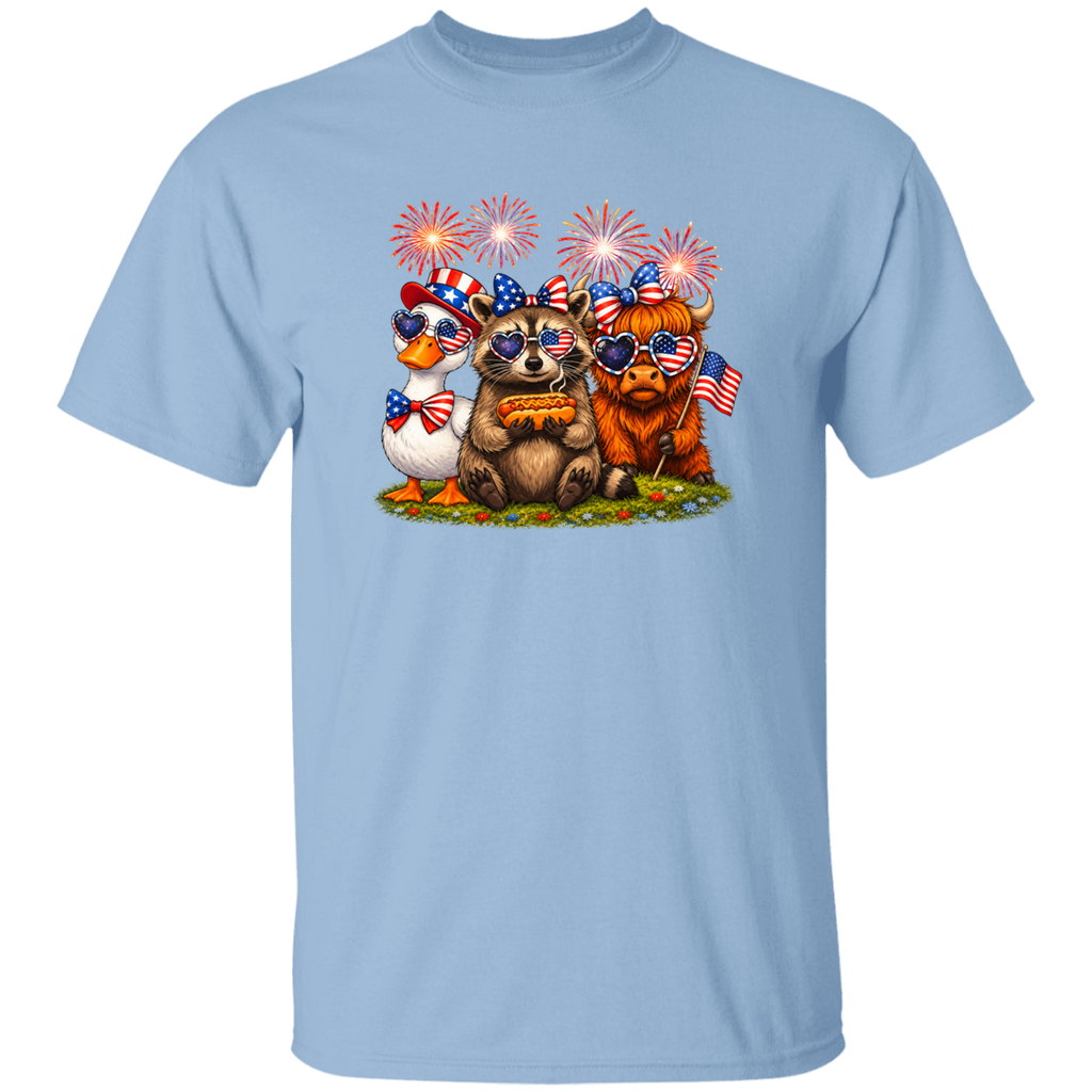 Light blue t-shirt with cartoon bears wearing American flags and sunglasses on a white background