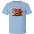 Light blue t-shirt with cartoon bears wearing American flags and sunglasses on a white background