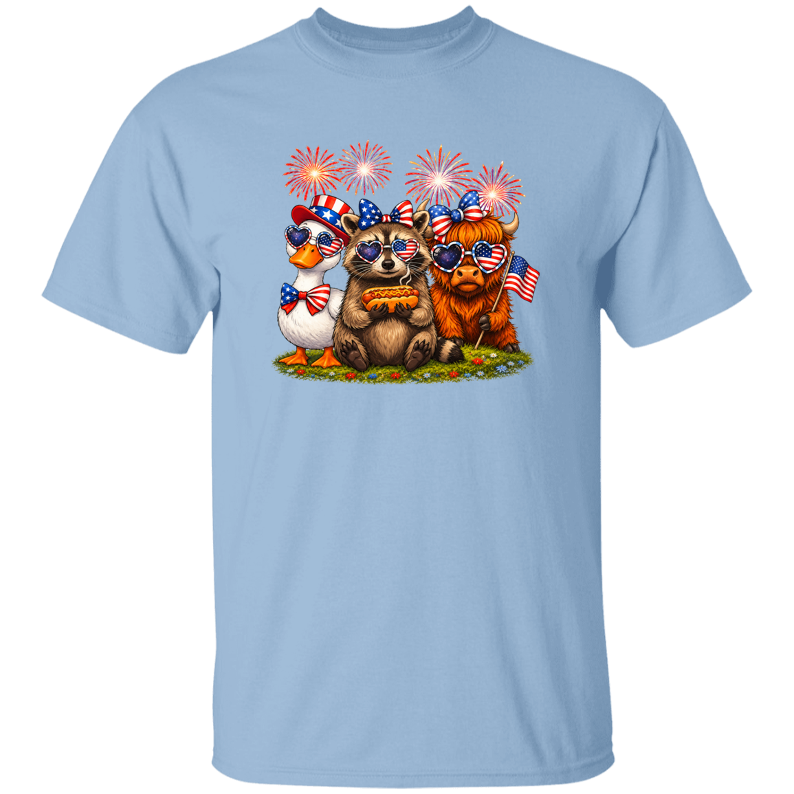 Light blue t-shirt with cartoon bears wearing American flags and sunglasses on a white background