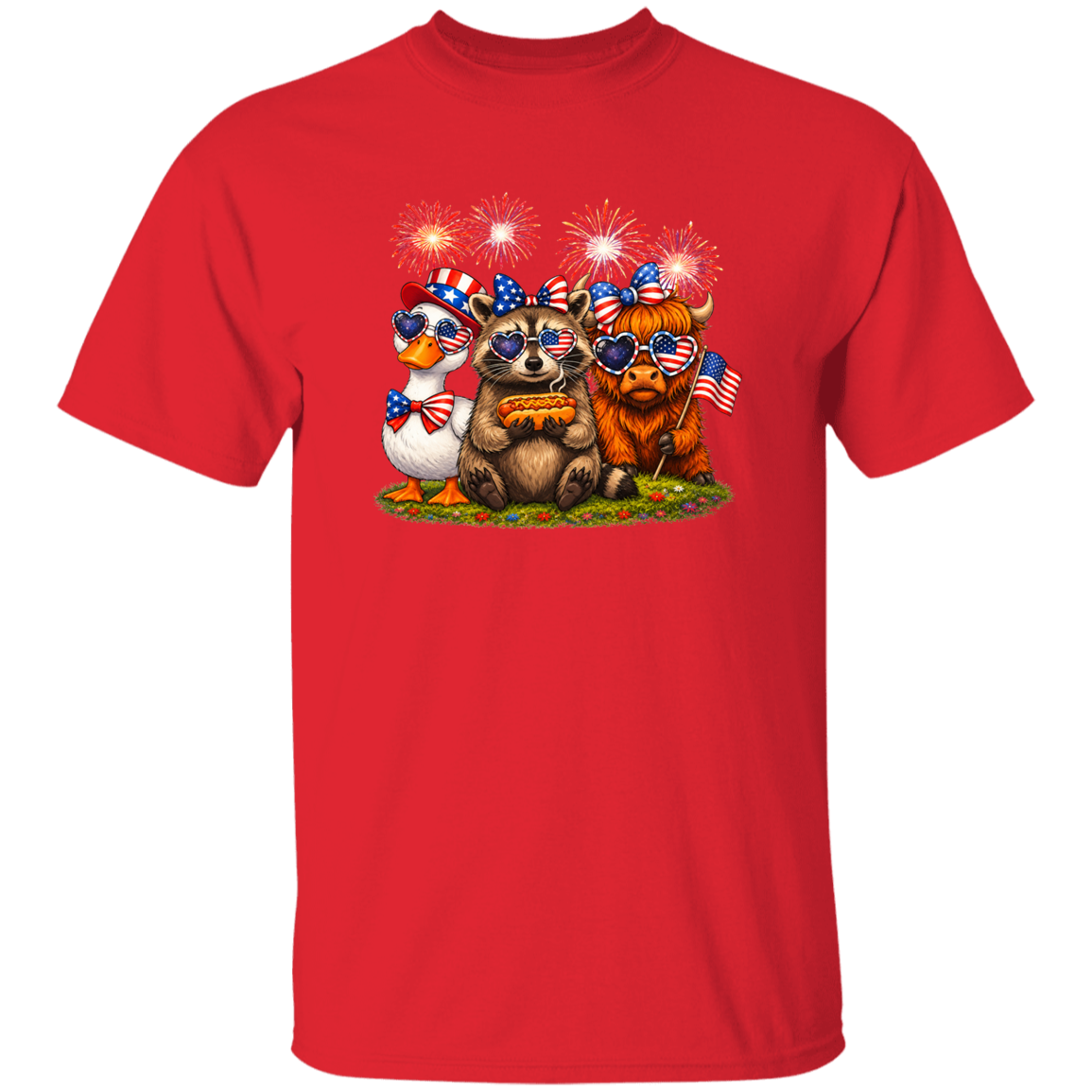 Red t-shirt with a graphic of three animals wearing American flags and sunglasses on a white background.
