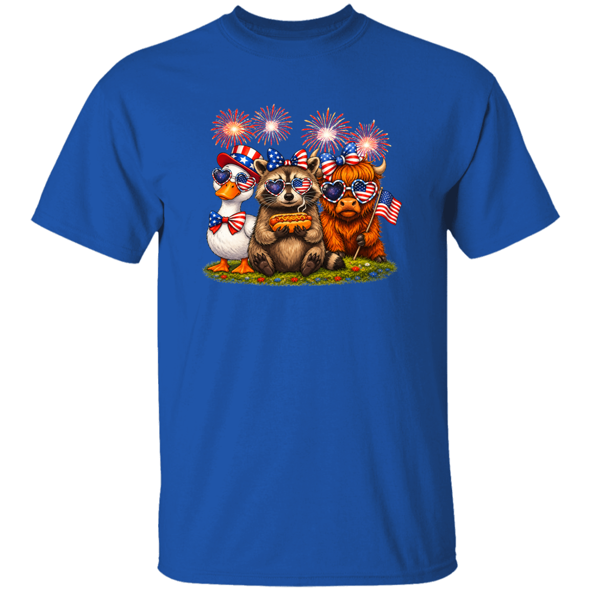 Blue t-shirt with cartoon animals celebrating Independence Day on a white background