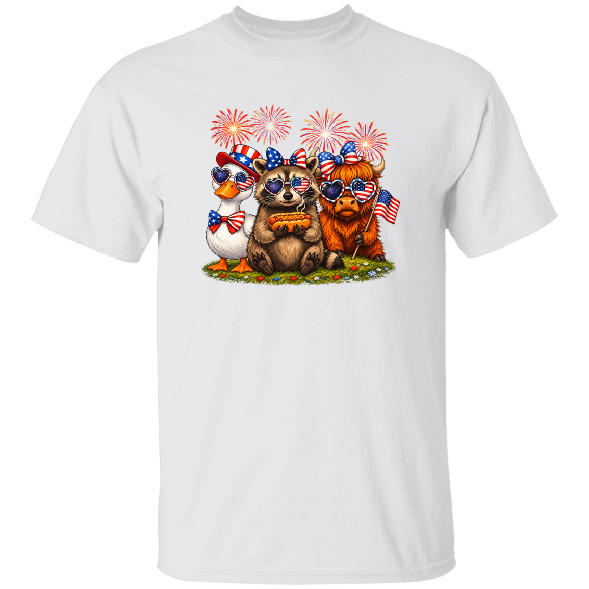 White t-shirt with cartoon animals wearing sunglasses and American flags, set against a white background.