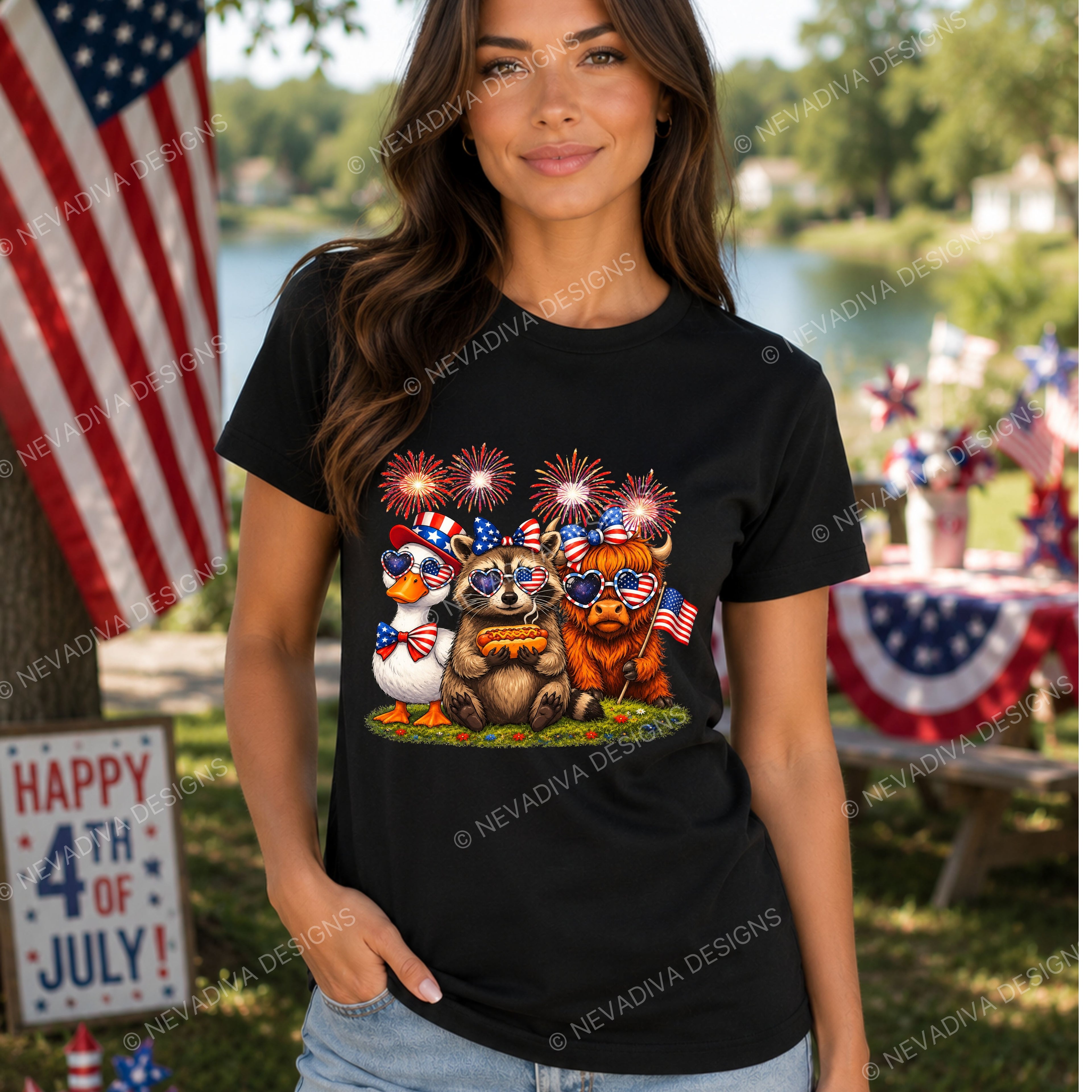 Woman wearing a black t-shirt with a 4th of July design featuring animals with American flags, standing outdoors.