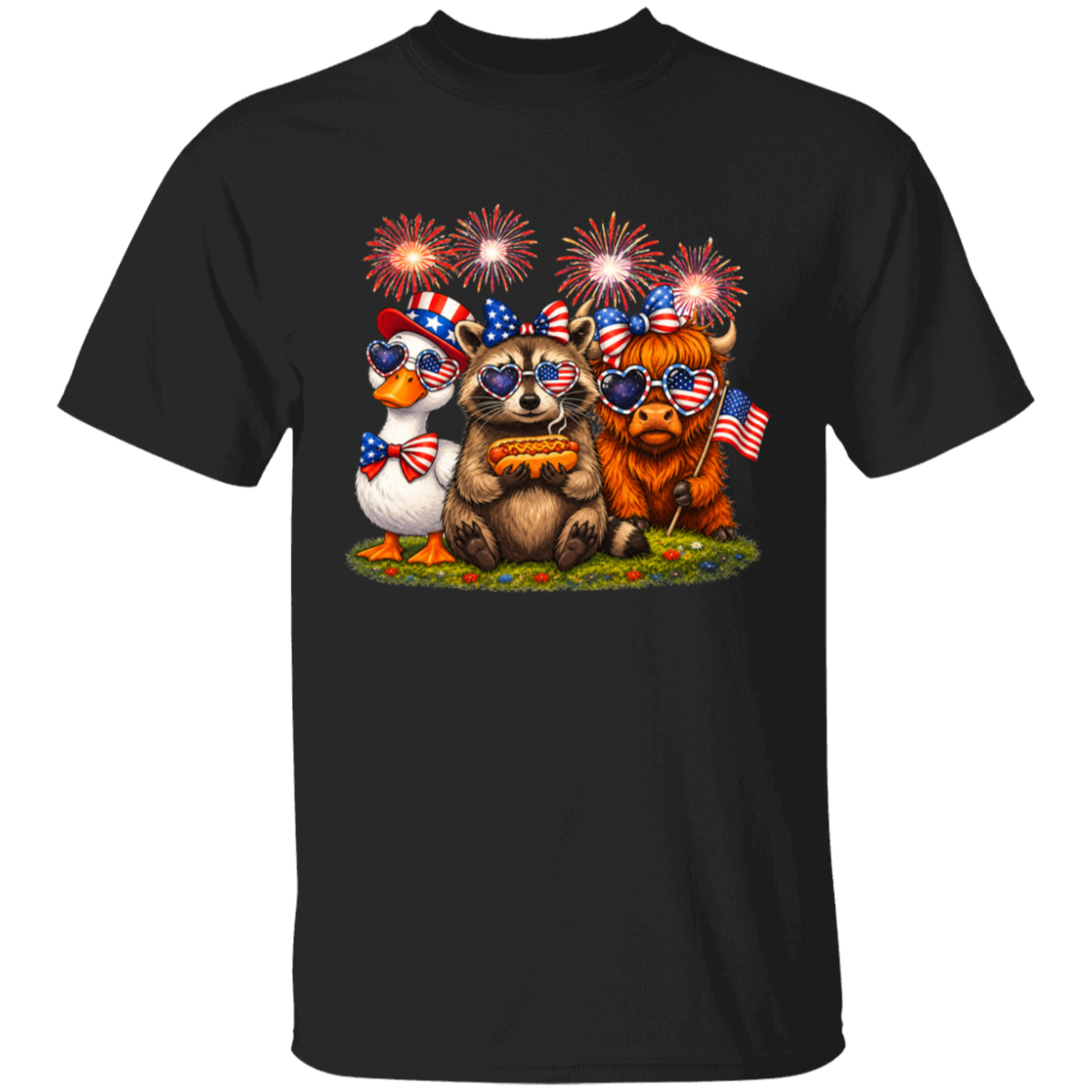 Black t-shirt with a colorful graphic of animals wearing American flags and sunglasses on a white background.