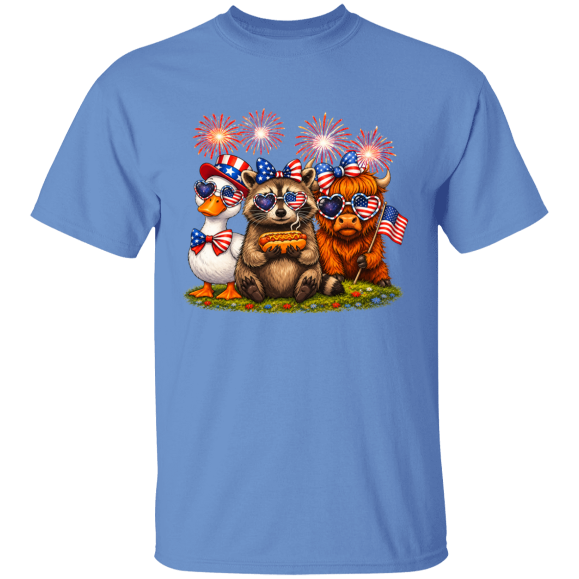 Blue t-shirt with a graphic of a raccoon, duck, and bear with American flags and fireworks.