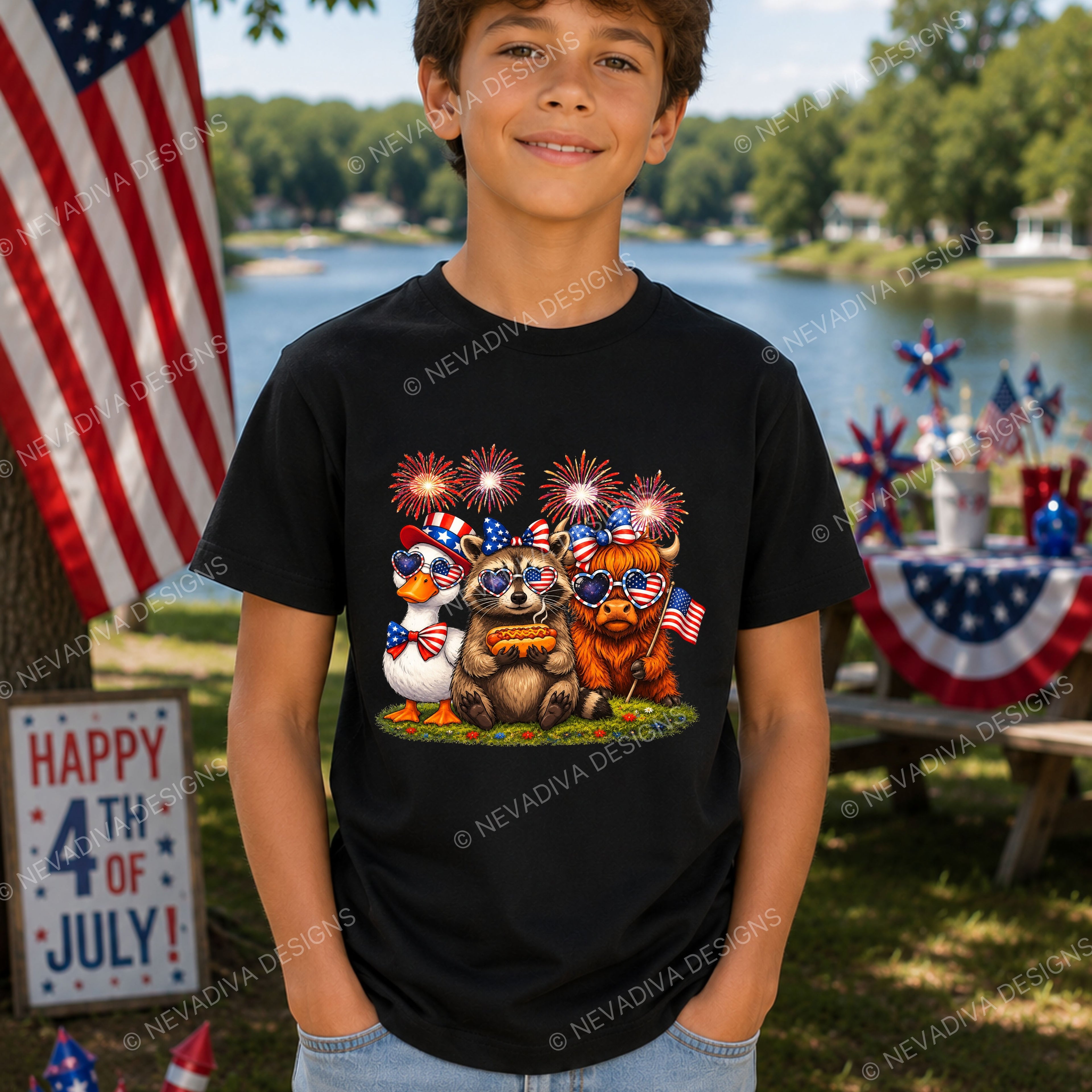 Child wearing a black t-shirt with a 4th of July design, standing outdoors near a lake with American flags and decorations.