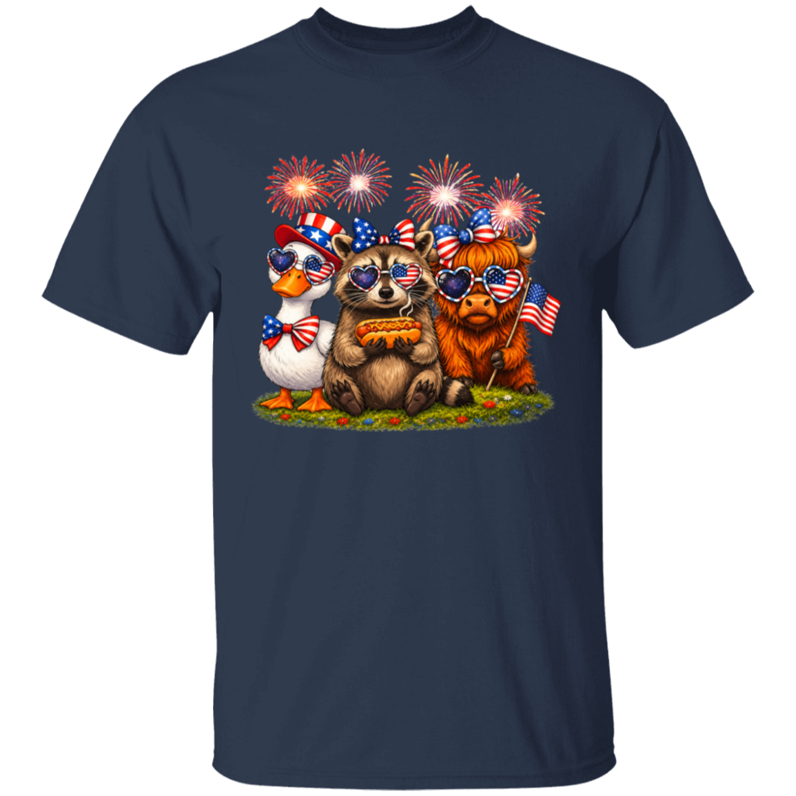 Navy blue t-shirt with a colorful graphic of a raccoon, duck, and pumpkin with American flags and fireworks.