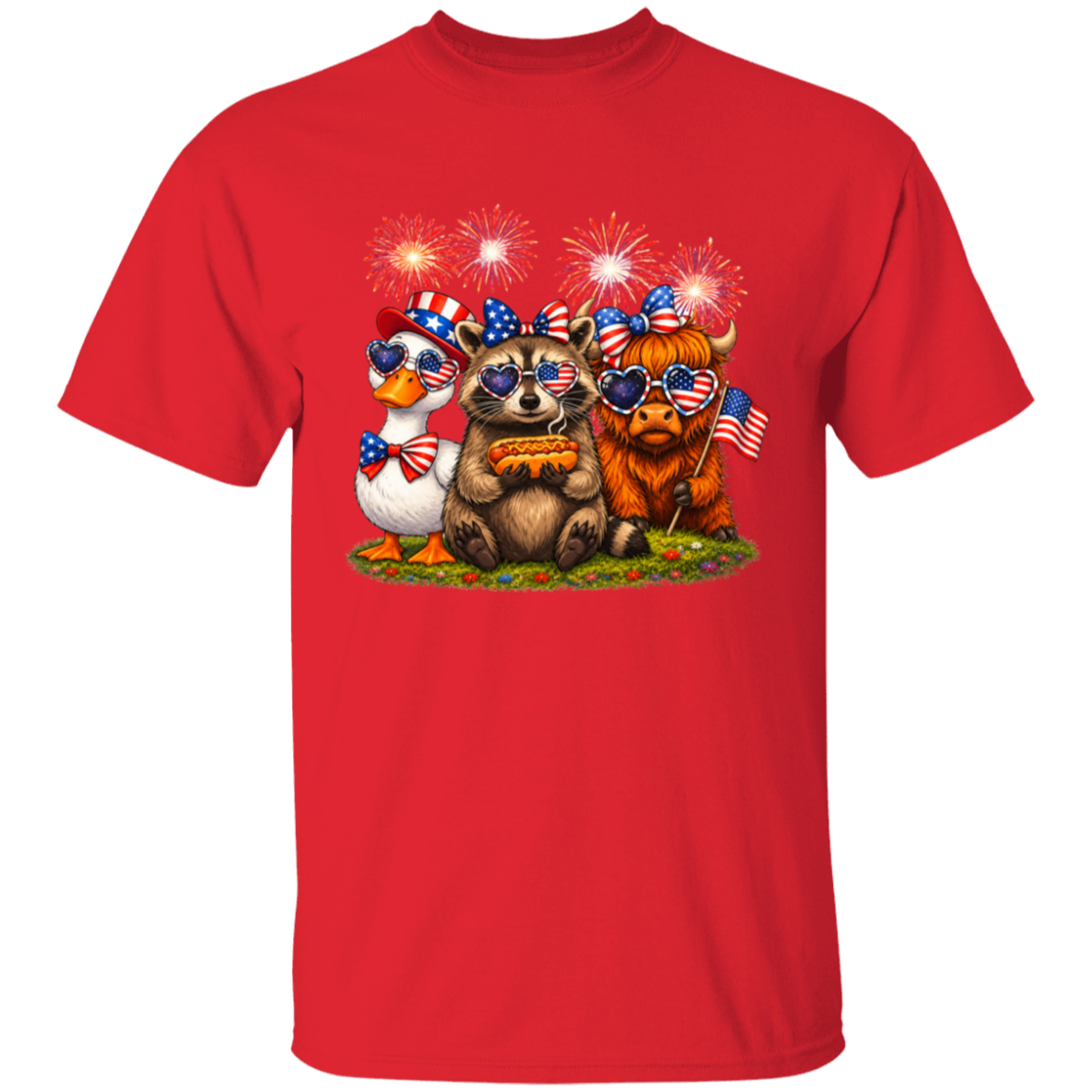 Red t-shirt with a cartoon design of a raccoon, duck, and bear with pumpkins and fireworks on a white background.
