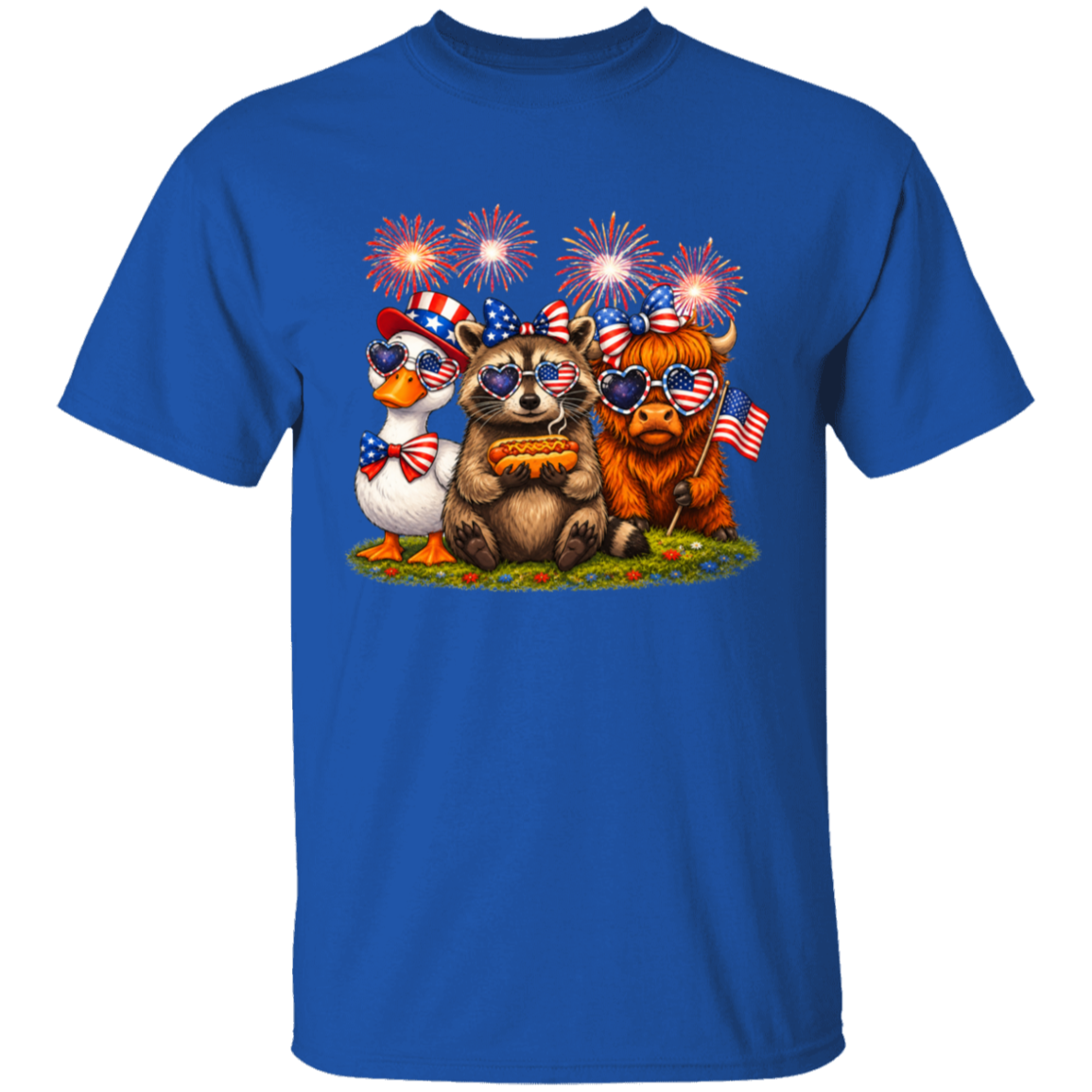 Blue t-shirt with a colorful graphic of animals celebrating Independence Day.