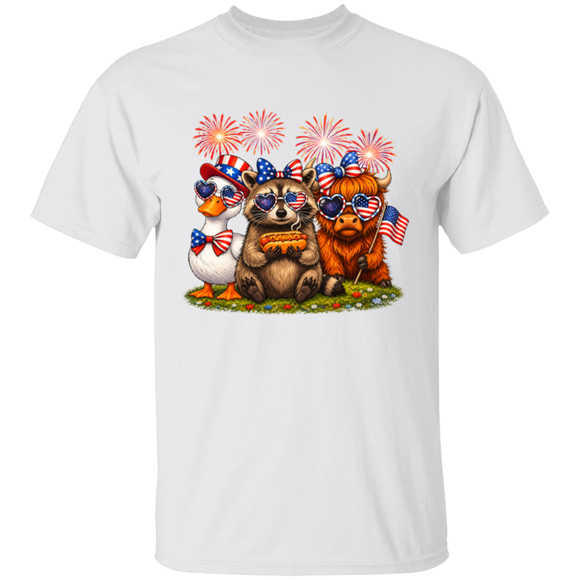 White t-shirt with cartoon bears, duck, and pumpkin wearing sunglasses and American flags on a white background