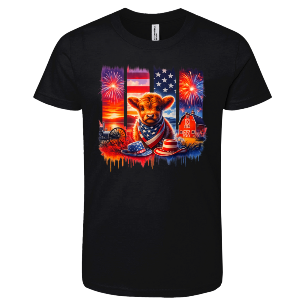 Black t-shirt with a colorful graphic of a cow, American flag, and fireworks on a white background.