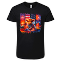Black t-shirt with a colorful graphic of a cow, American flag, and fireworks on a white background.