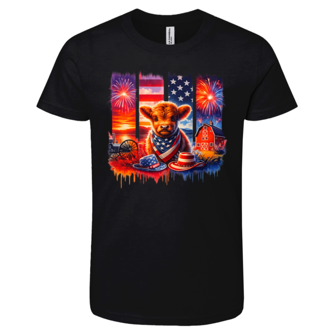 Black t-shirt with a colorful graphic of a cow, American flag, and fireworks on a white background.