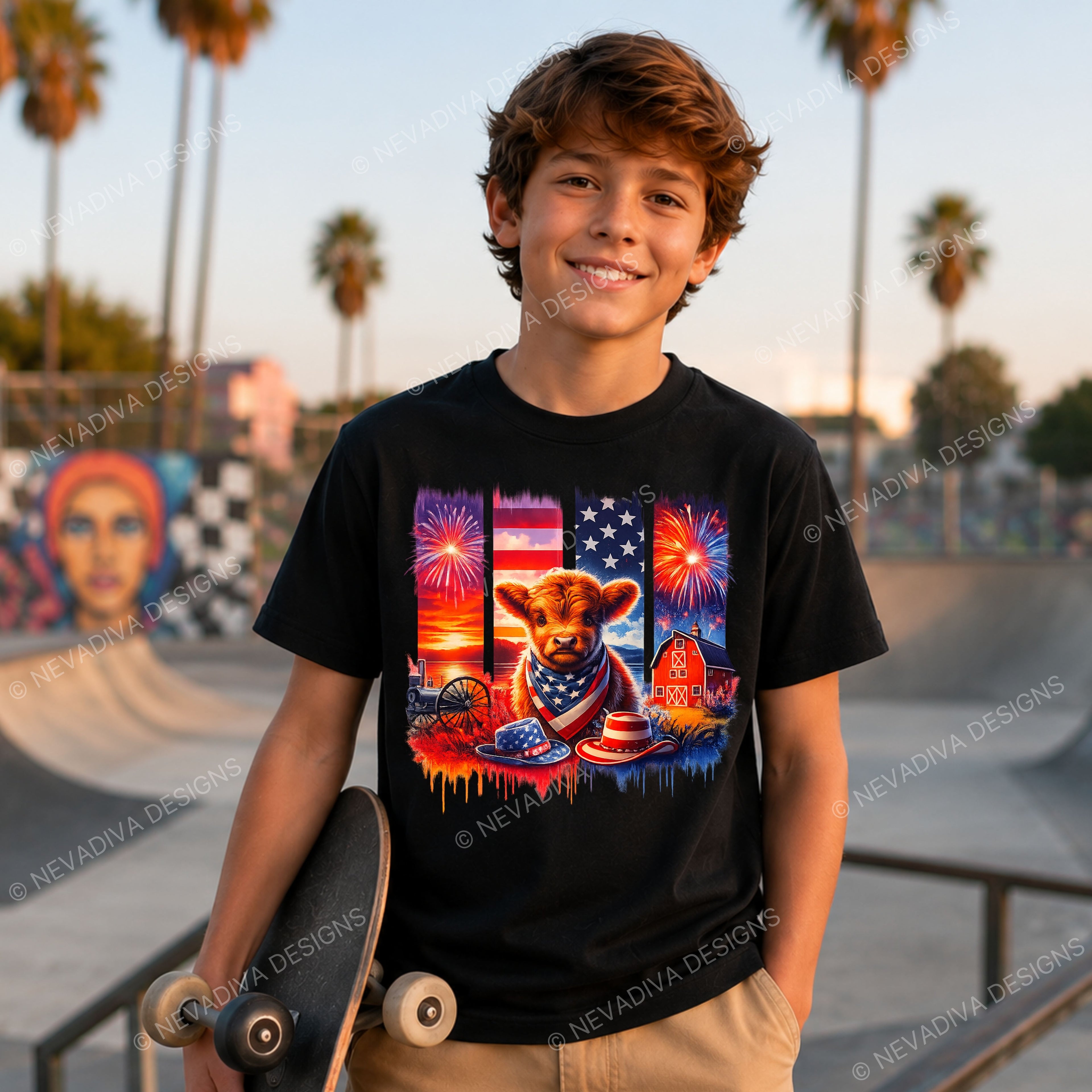 Young boy wearing a black t-shirt with a colorful graphic design, holding a skateboard at a skate park.