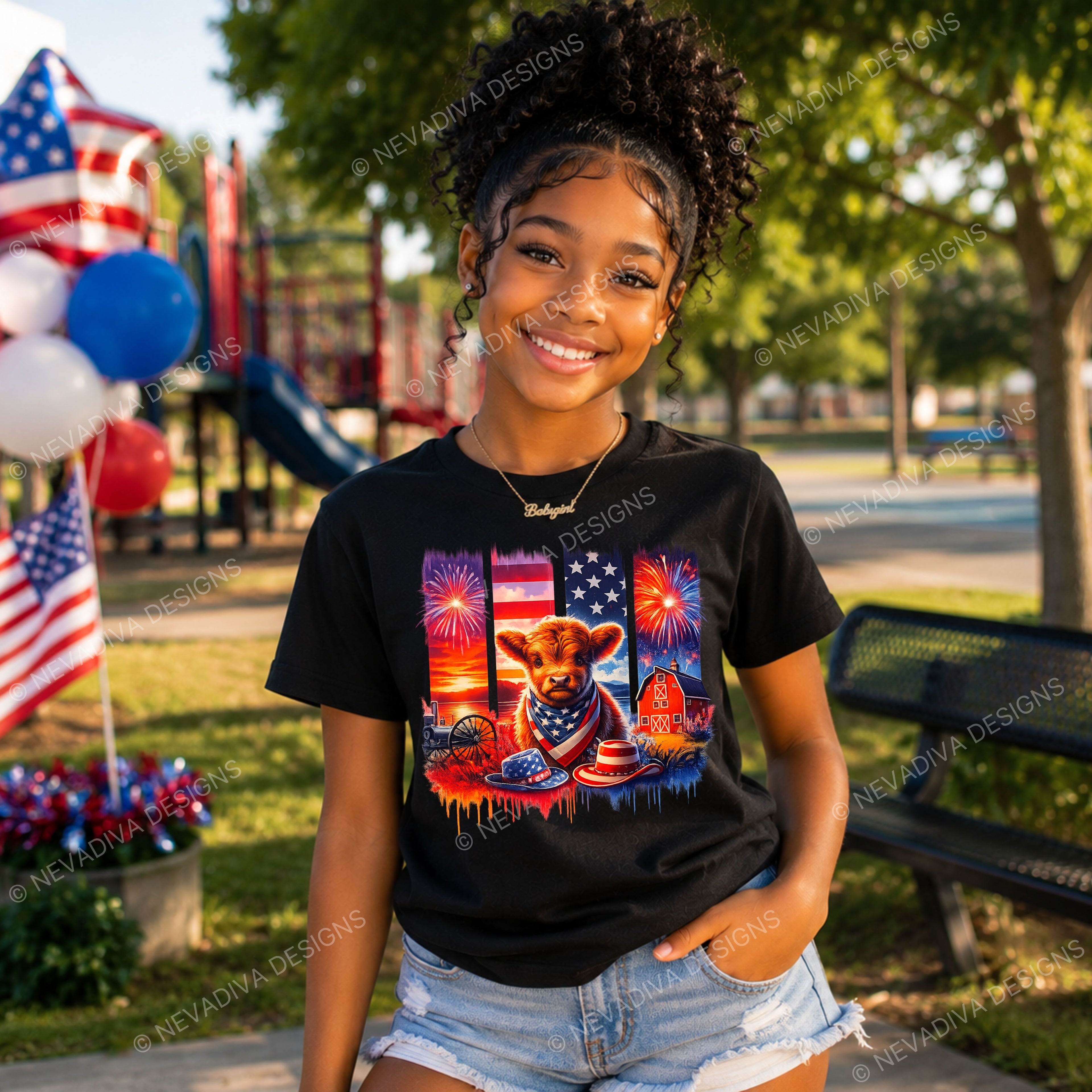 Young girl wearing a black t-shirt with a colorful graphic design, standing in a park with American flags and balloons in the background.