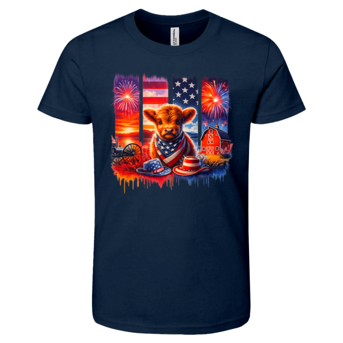 Navy blue t-shirt with a cow wearing a bandana and American flag shirt, surrounded by fireworks and a barn.
