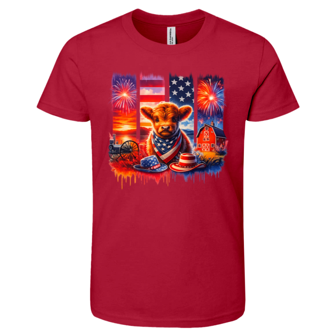 Red t-shirt with a cow wearing an American flag bandana and fireworks design on a white background