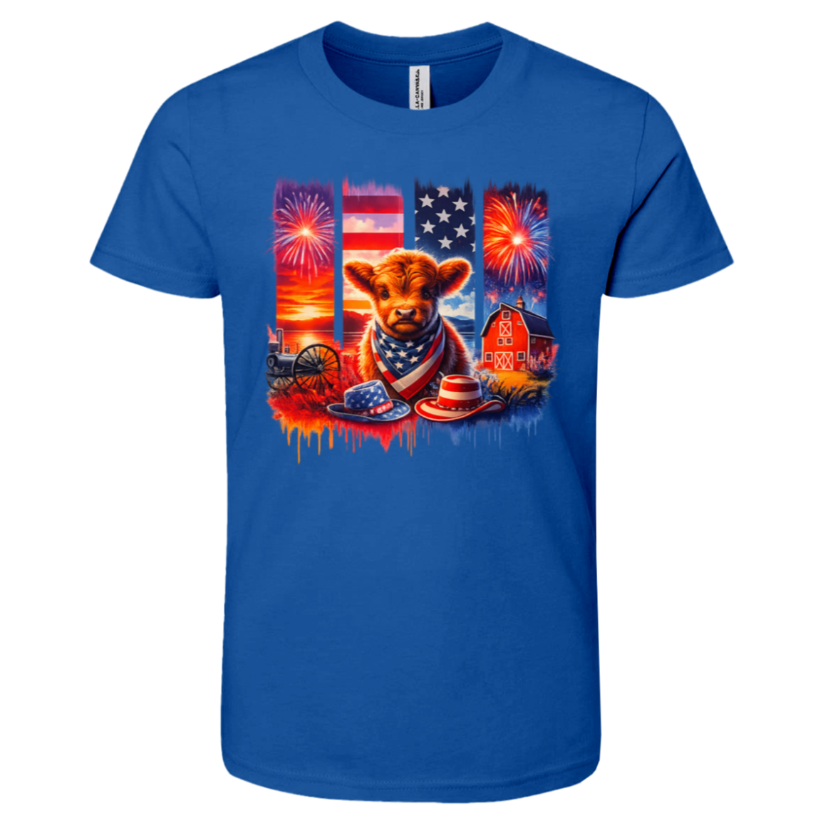 Blue t-shirt with a cow and American flag design on a white background