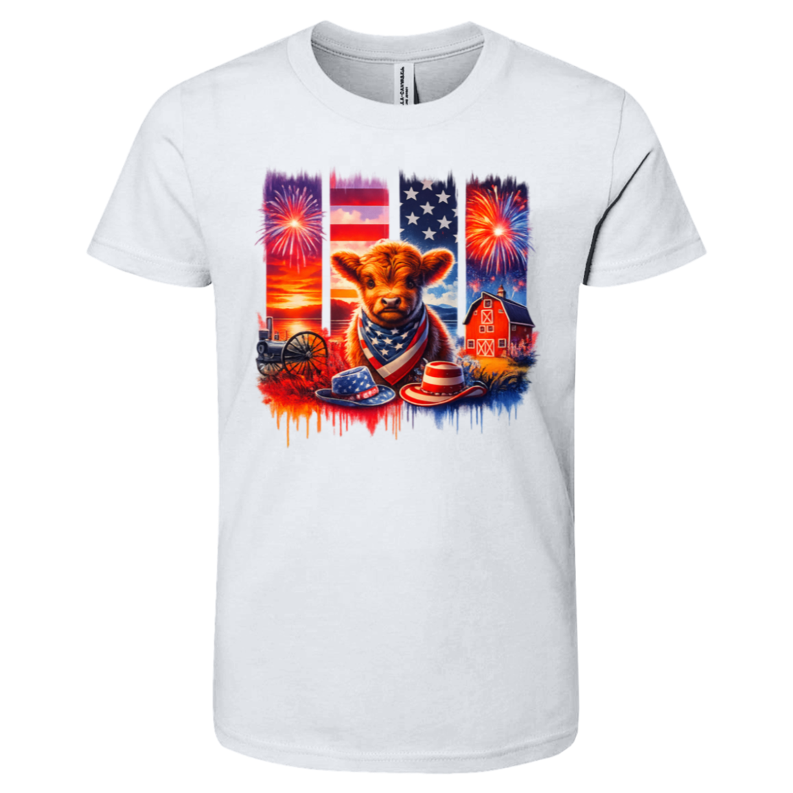 White t-shirt with a colorful graphic of a cow, American flag, and fireworks on a white background