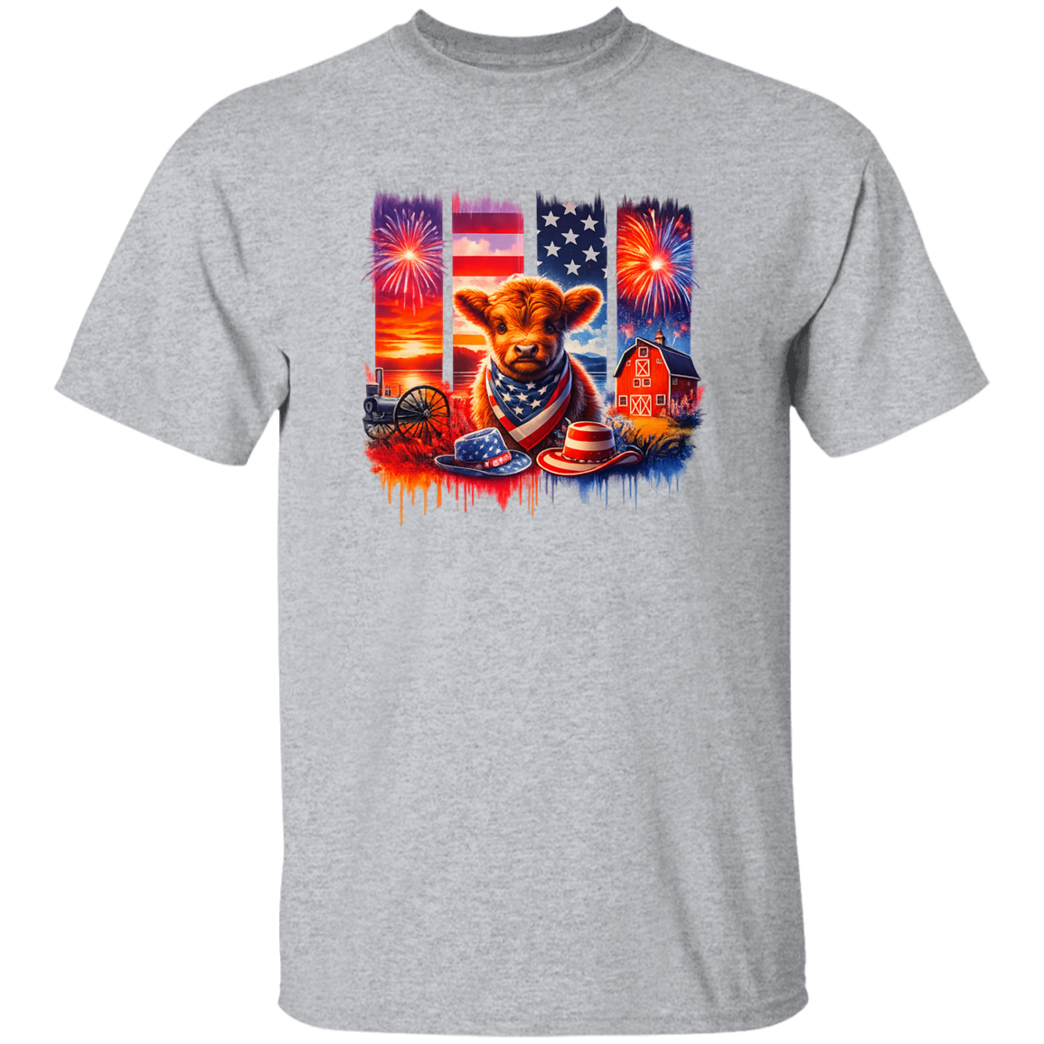 Gray t-shirt with a colorful graphic of a cow, American flag, and fireworks on a white background