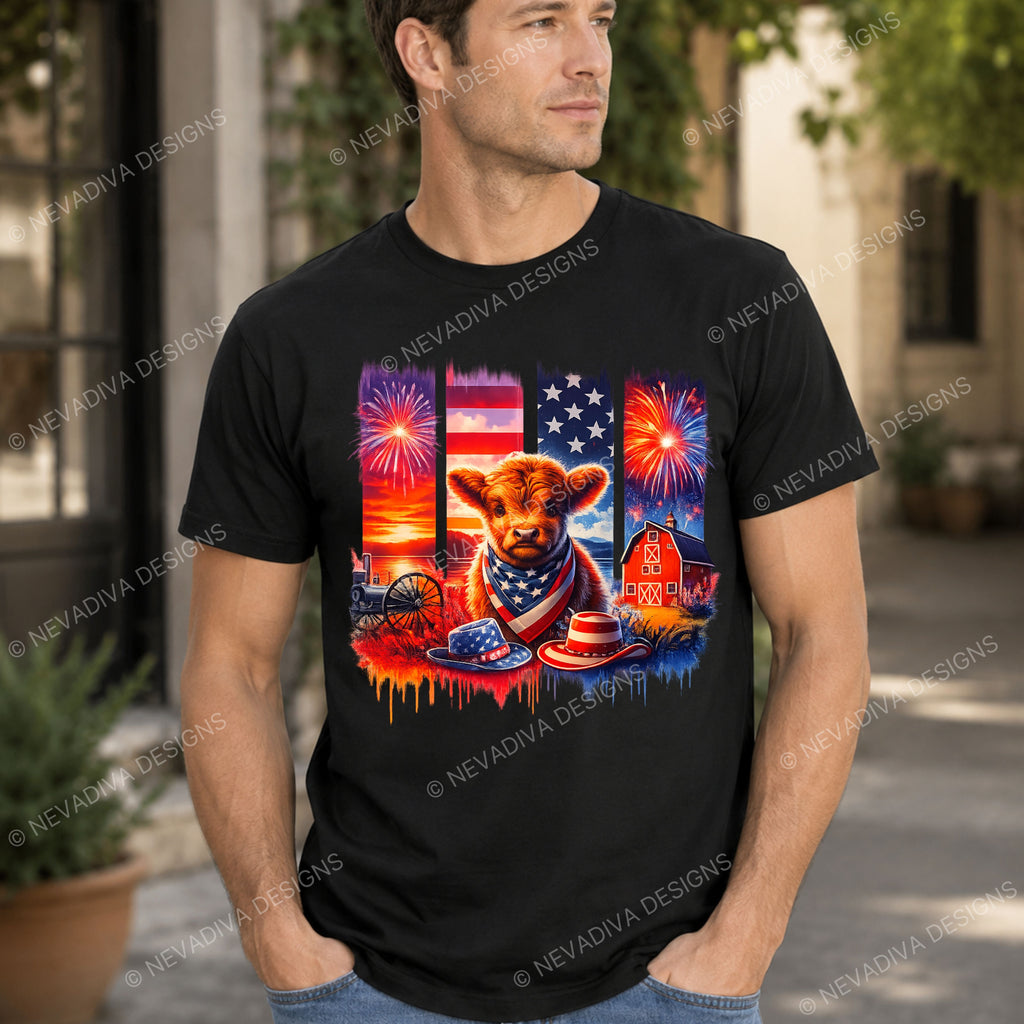 Man wearing a black t-shirt with a colorful graphic design featuring a cow, American flag, and fireworks.