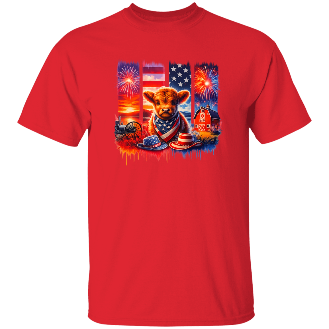 Red t-shirt with a graphic of a cow, American flag, and fireworks on a white background