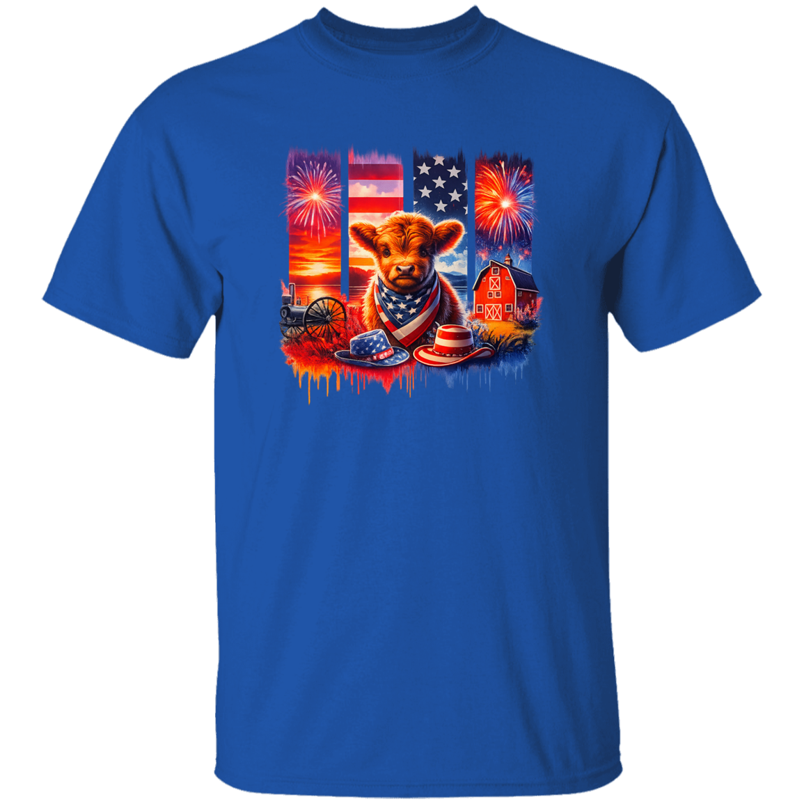 Blue t-shirt with a graphic of a cow, American flag, and fireworks on a white background