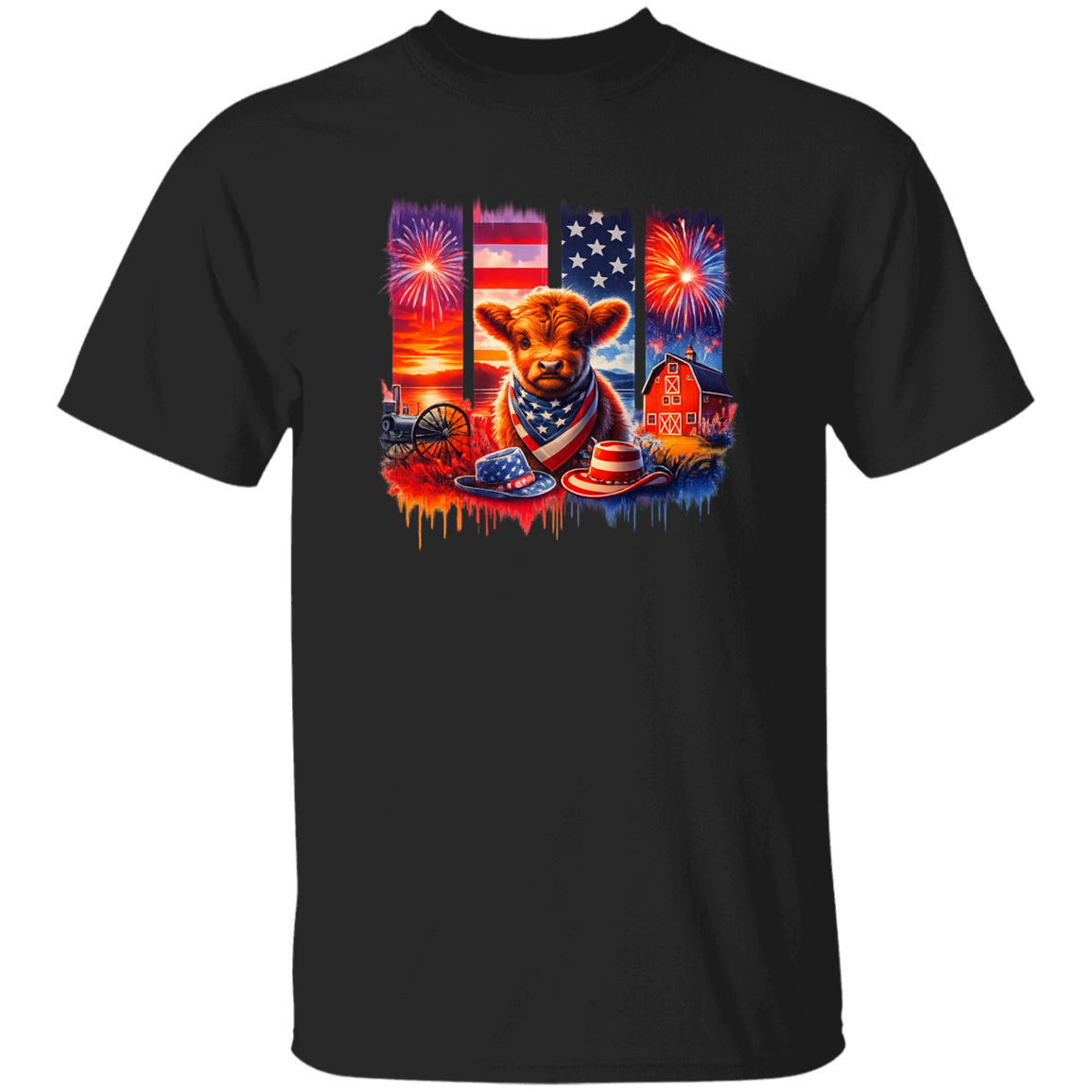 Black t-shirt with a colorful graphic of a cow, American flag, and fireworks on a white background