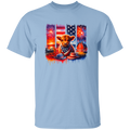 Light blue t-shirt with a graphic of a cow, American flag, and fireworks on a white background