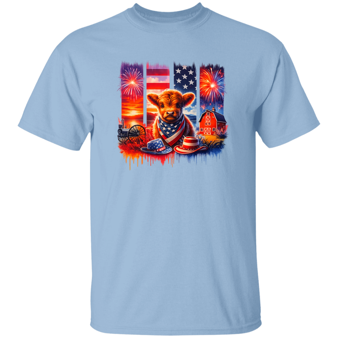 Light blue t-shirt with a graphic of a cow, American flag, and fireworks on a white background