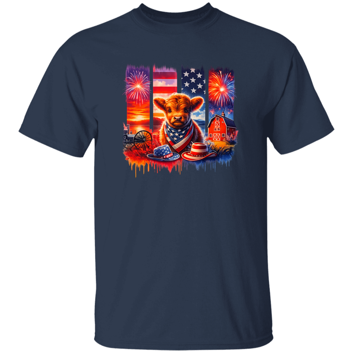 Navy blue t-shirt with a graphic of a cow, American flag, and fireworks on a white background