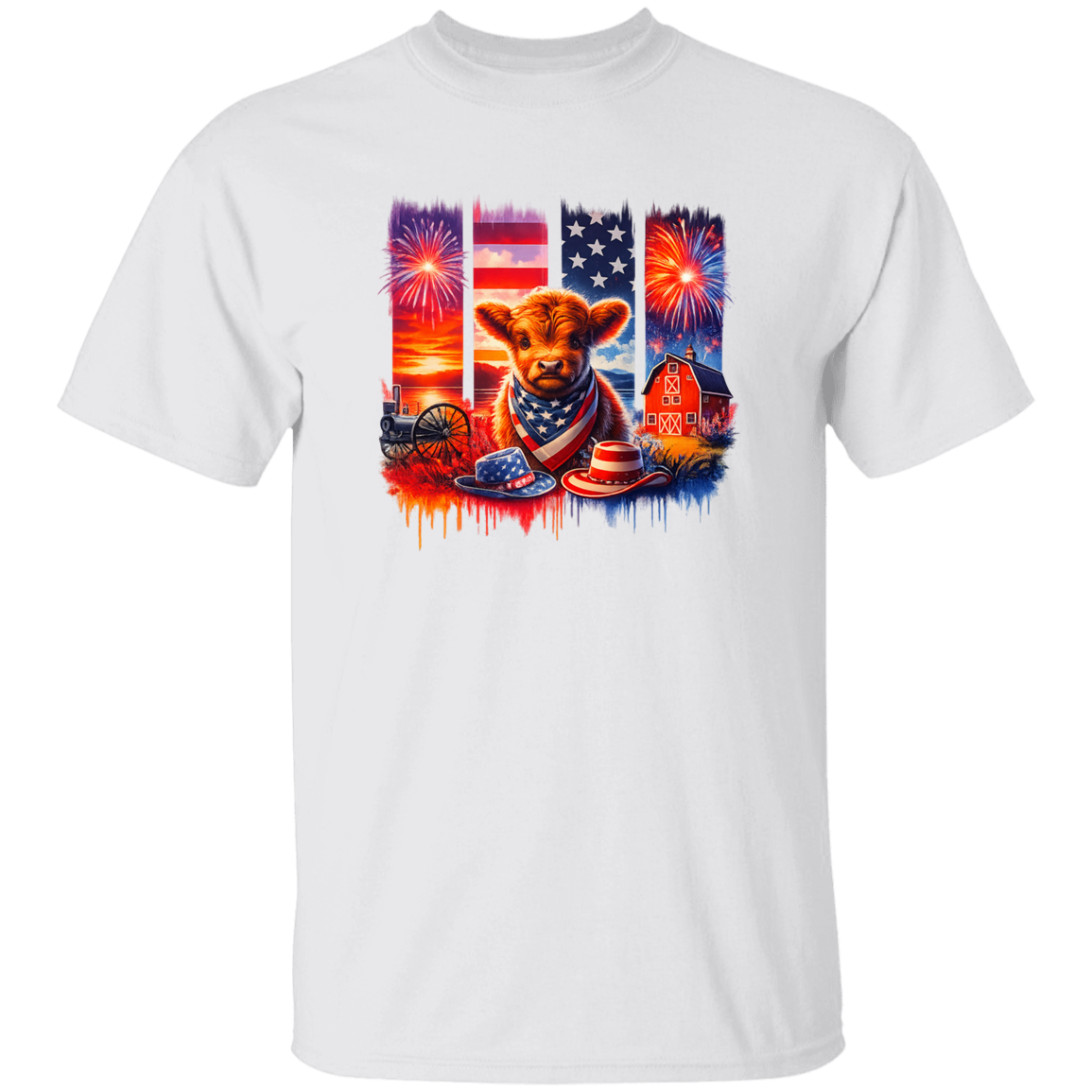 White t-shirt with a colorful graphic of a cow, American flag, and fireworks on a white background