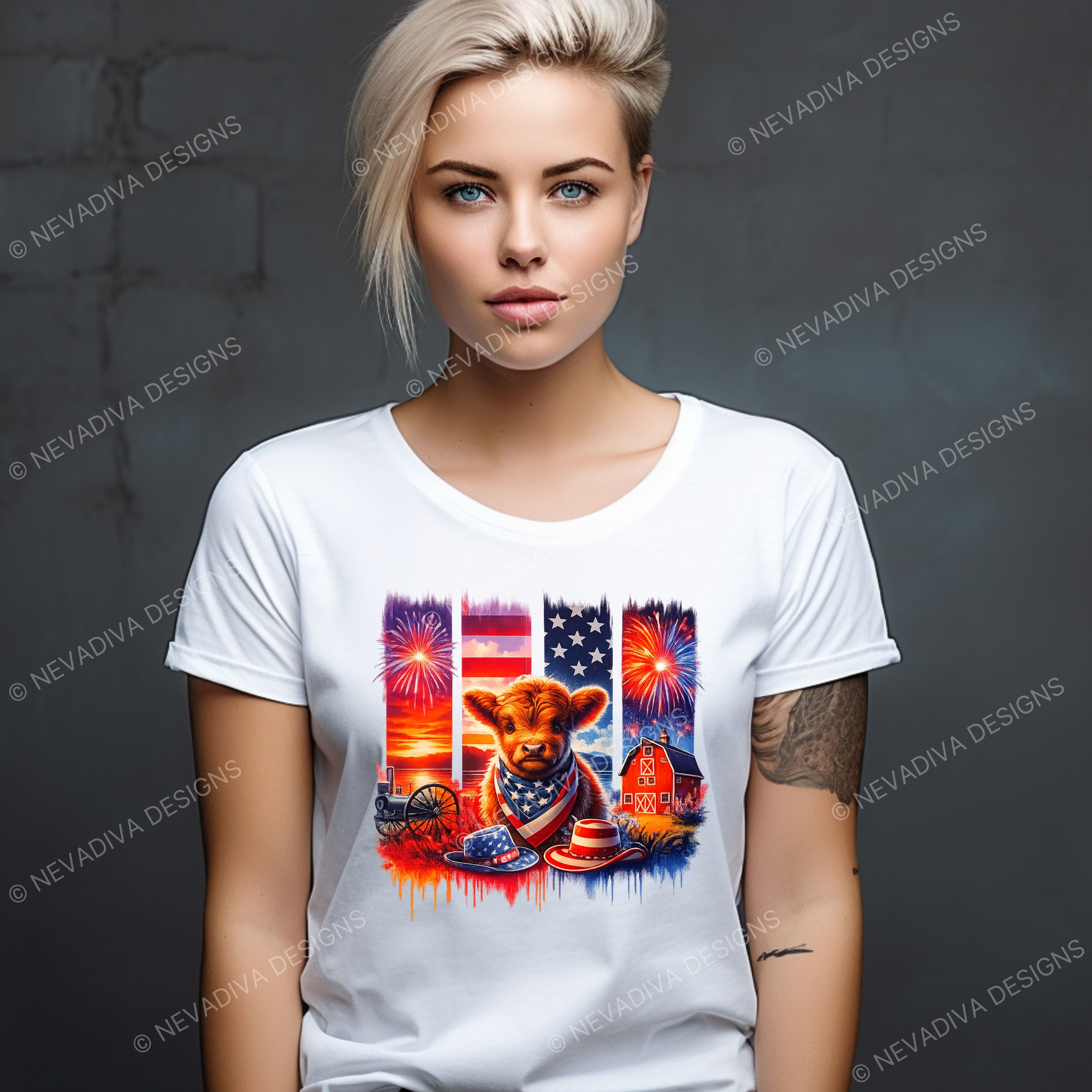 Woman wearing a white t-shirt with a colorful graphic design featuring a bear, American flag, and fireworks.