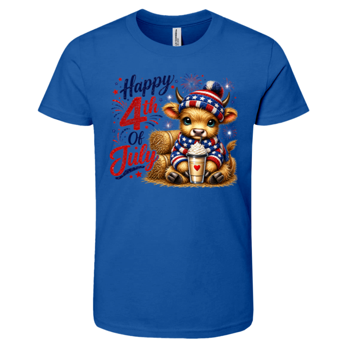 Blue t-shirt with a cow graphic and 'Happy 4th of July' text on a white background