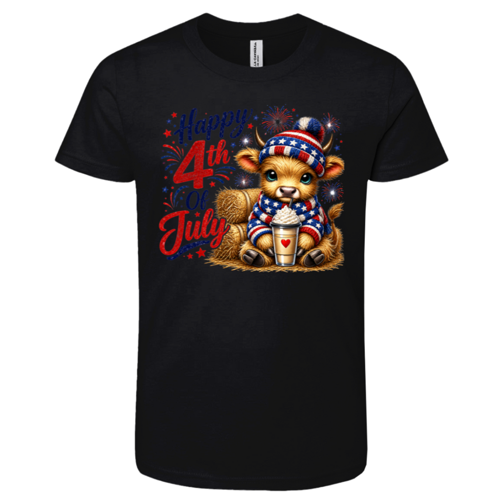 Black t-shirt with a patriotic cow wearing a patriotic hat and scarf, holding a cup, and 'Happy 4th of July' text.