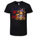 Black t-shirt with a patriotic cow wearing a patriotic hat and scarf, holding a cup, and 'Happy 4th of July' text.